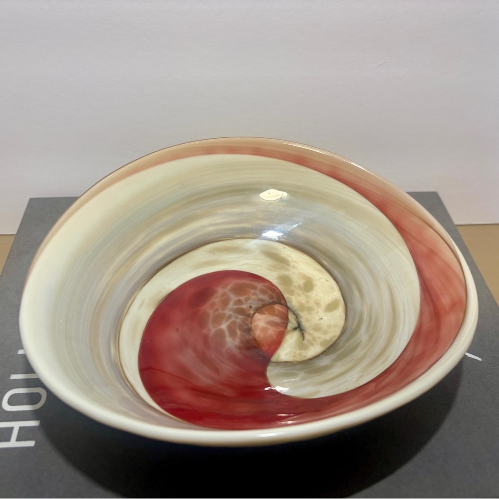 Murano Glass Vetro Artistico Ivory & Red Spiral Folded Dish Rare